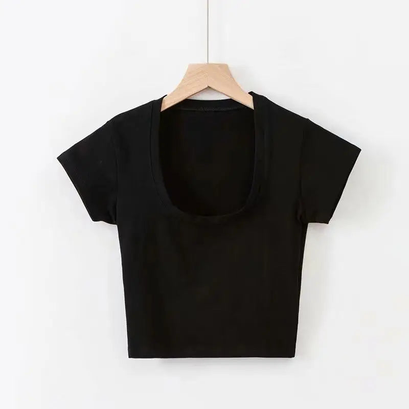 Summer Sexy T Shirt Tops for Women Clothes Stretch Slim Tees Shirt Femme U Neck Short Sleeve T-shirts Streetwea Crop Top