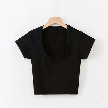 Summer Sexy T Shirt Tops for Women Clothes Stretch Slim Tees Shirt Femme U Neck Short Sleeve T-shirts Streetwea Crop Top